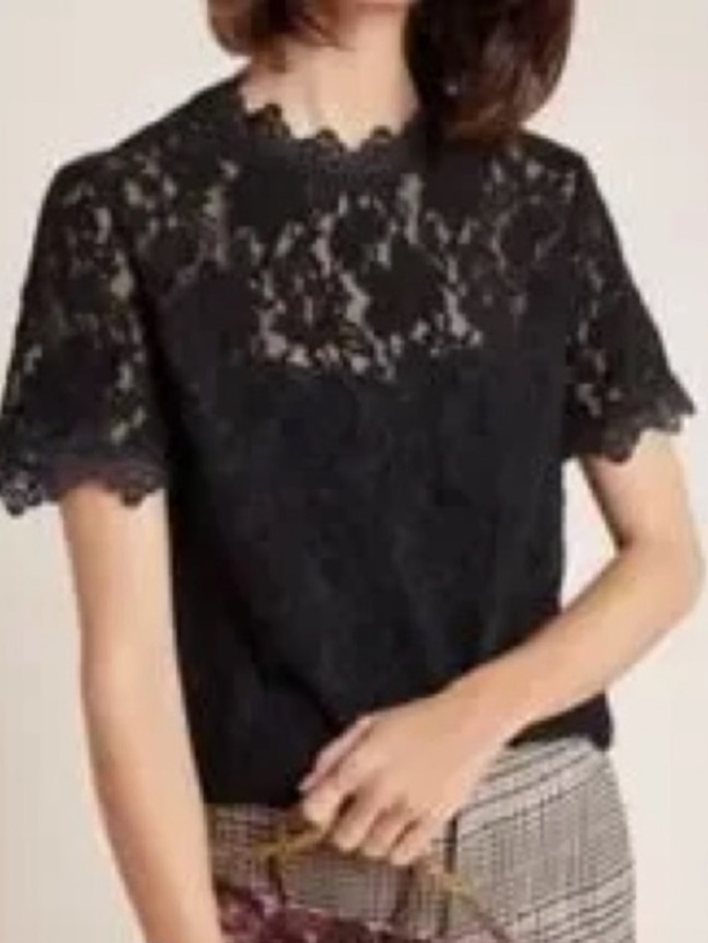 Anthropologie Black Lace Short-Sleeve Blouse with Scalloped Trim